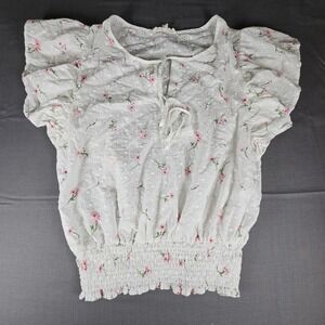 SOLITAIRE White Eyelet Floral Puff Sleeve Smocked Crop Top Women's Size M